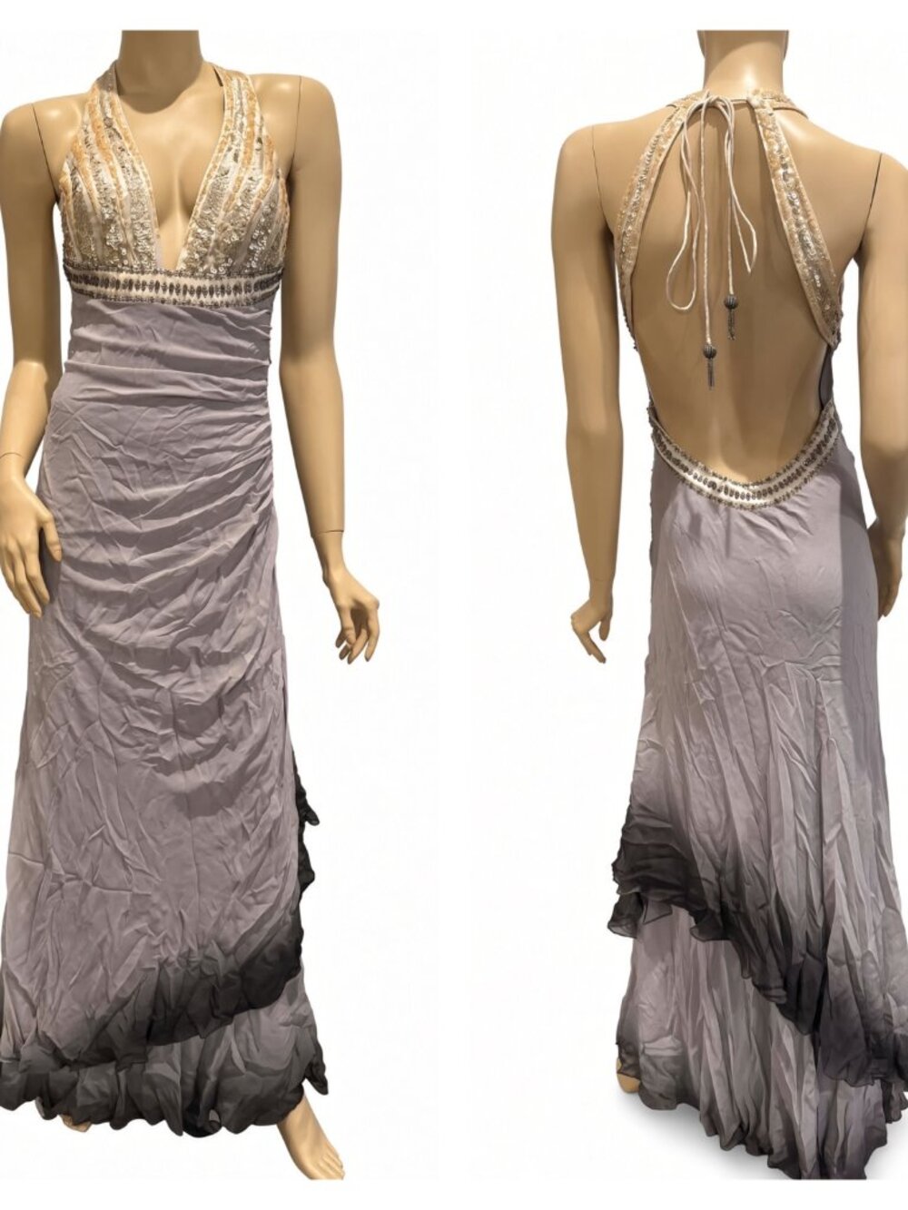 Sue Wong Silk Evening Y2K Halter Bead Dress Gown New Gray Grey Silver Art Deco J